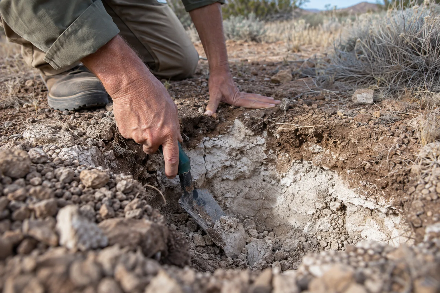 Shovel and test hole in desert soil showing a white caliche layer below the surface