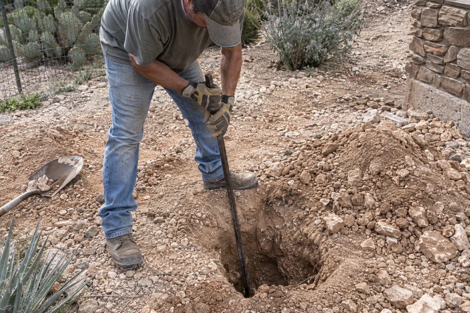 Gardener using a digging bar to test for caliche in a Queen Creek garden bed