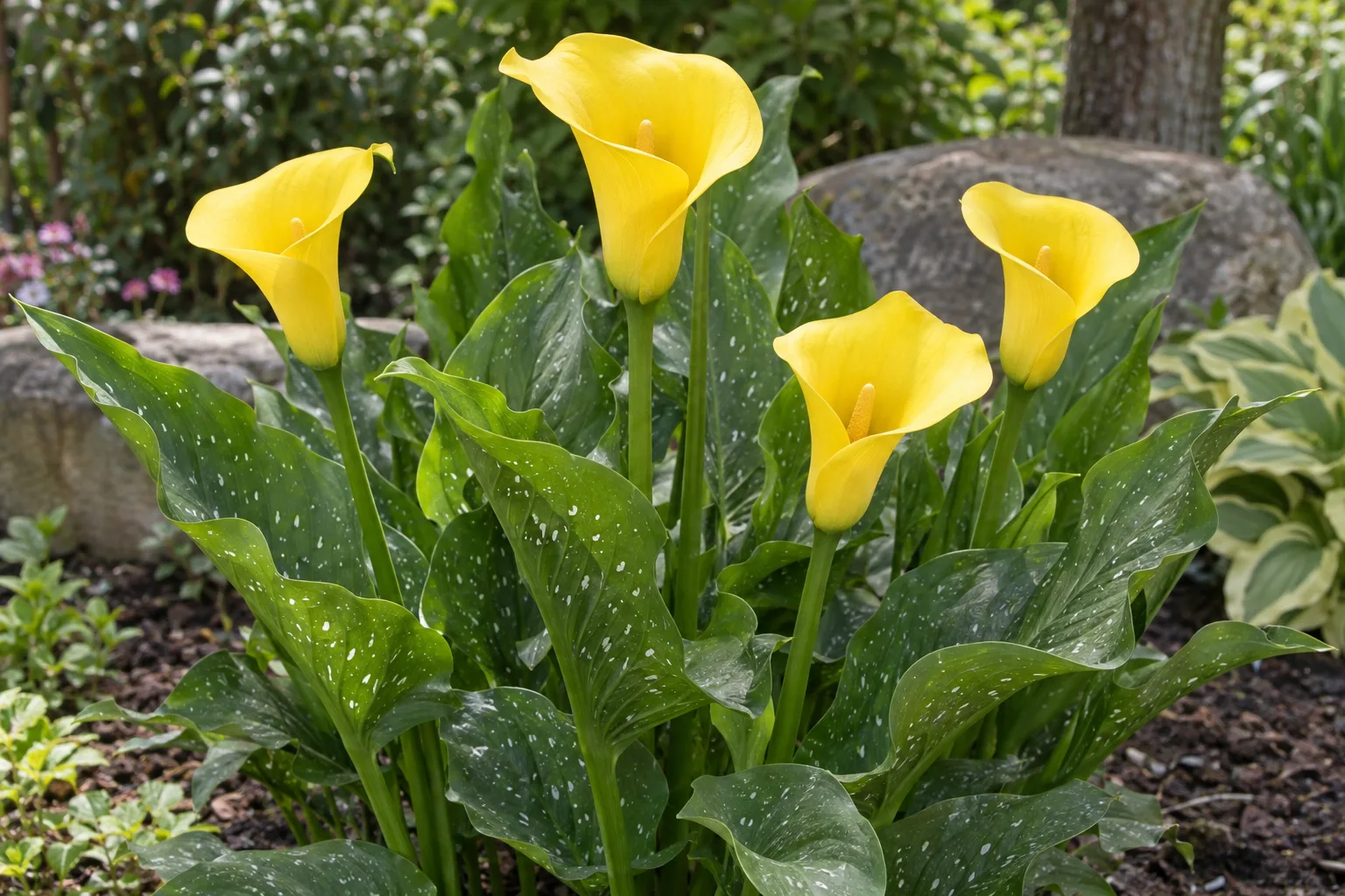 Yellow calla lily with golden funnel-shaped blooms and white-spotted green leaves in a garden bed