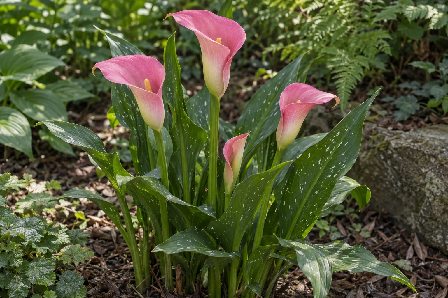 Pink calla lily with rose-pink funnel-shaped blooms and speckled green leaves in a garden bed