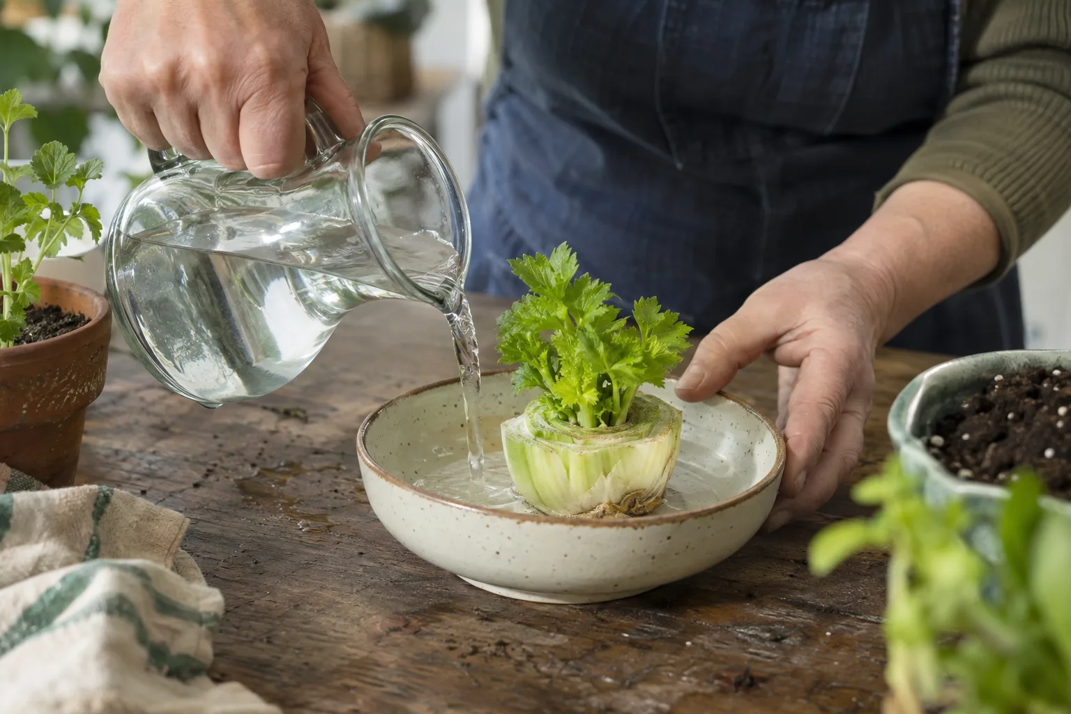Hands refreshing water in a dish holding a celery base with new leaves