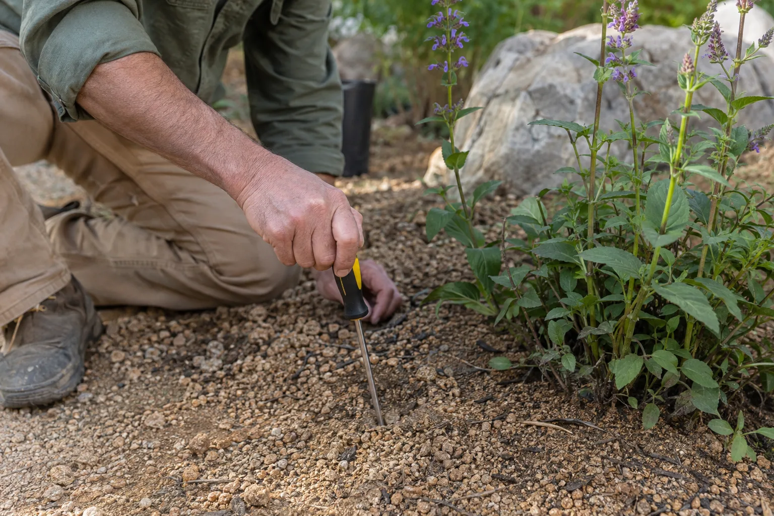 Gardener probing soil near a new perennial mulched with decomposed granite in Queen Creek