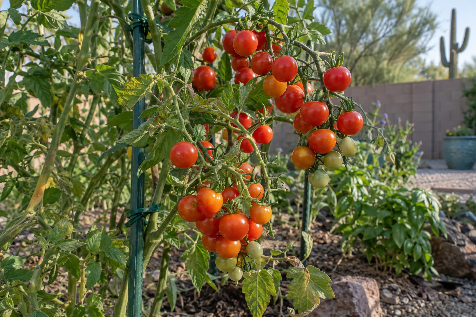 Clusters of ripe red and orange cherry tomatoes hanging on a staked vine