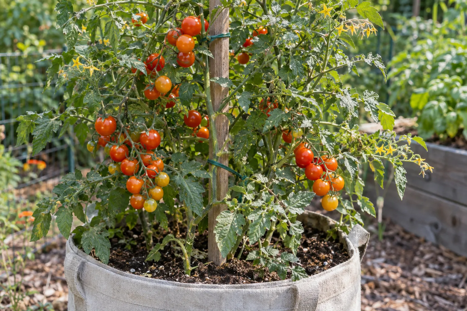 Staked cherry tomato plant with ripe fruit growing in a large fabric container