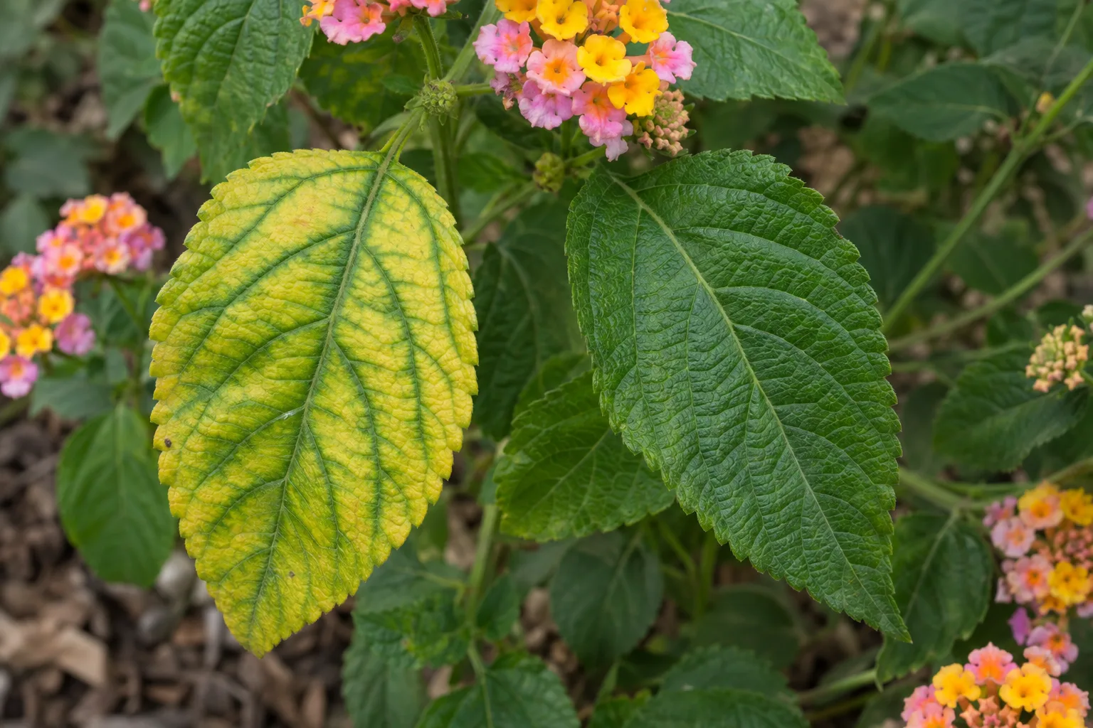 Close view of a yellowing leaf with green veins beside a healthy green leaf, shown at Desert Horizon Nursery