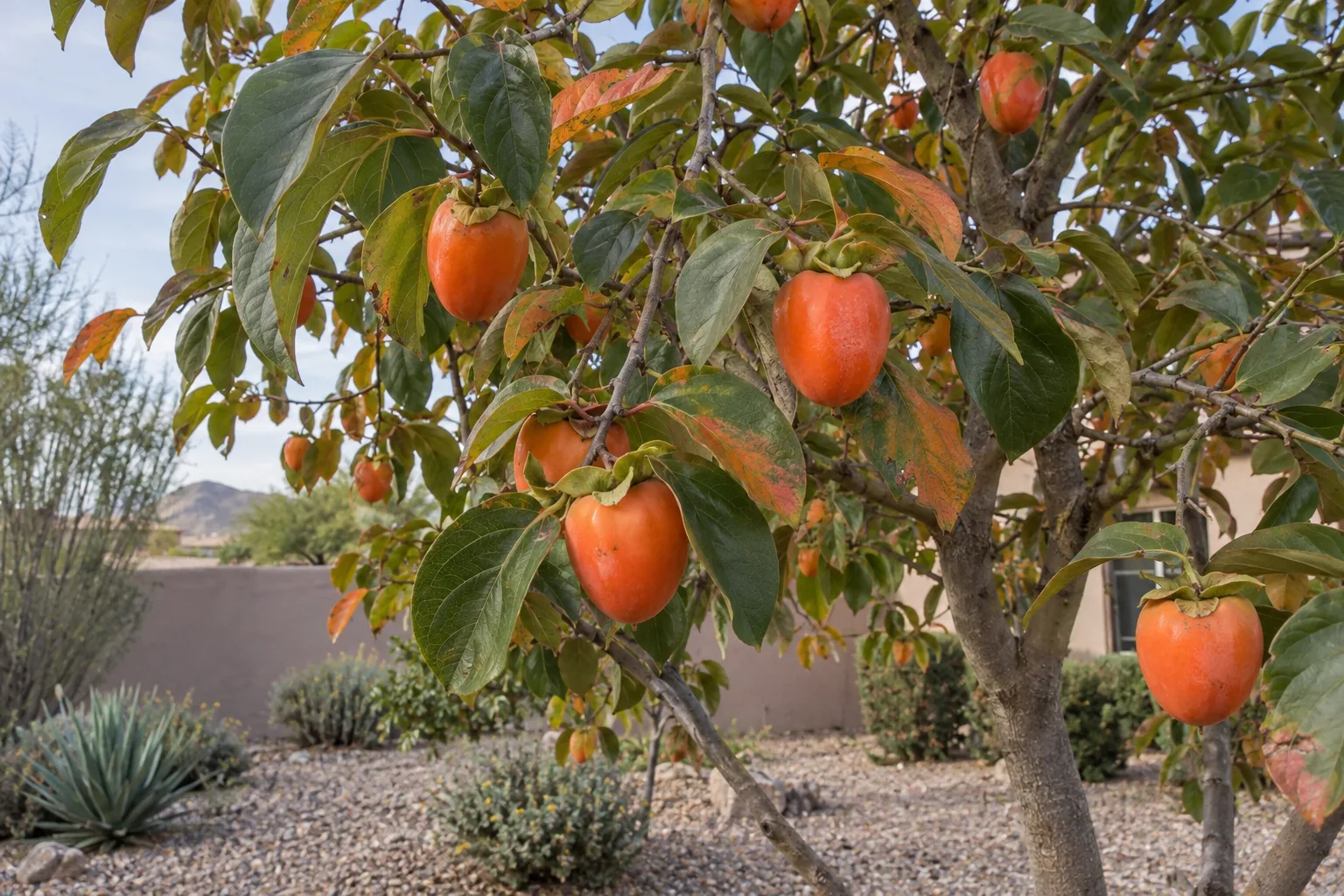 Chocolate persimmon tree with glossy leaves and oblong orange-red fruit hanging from the branches