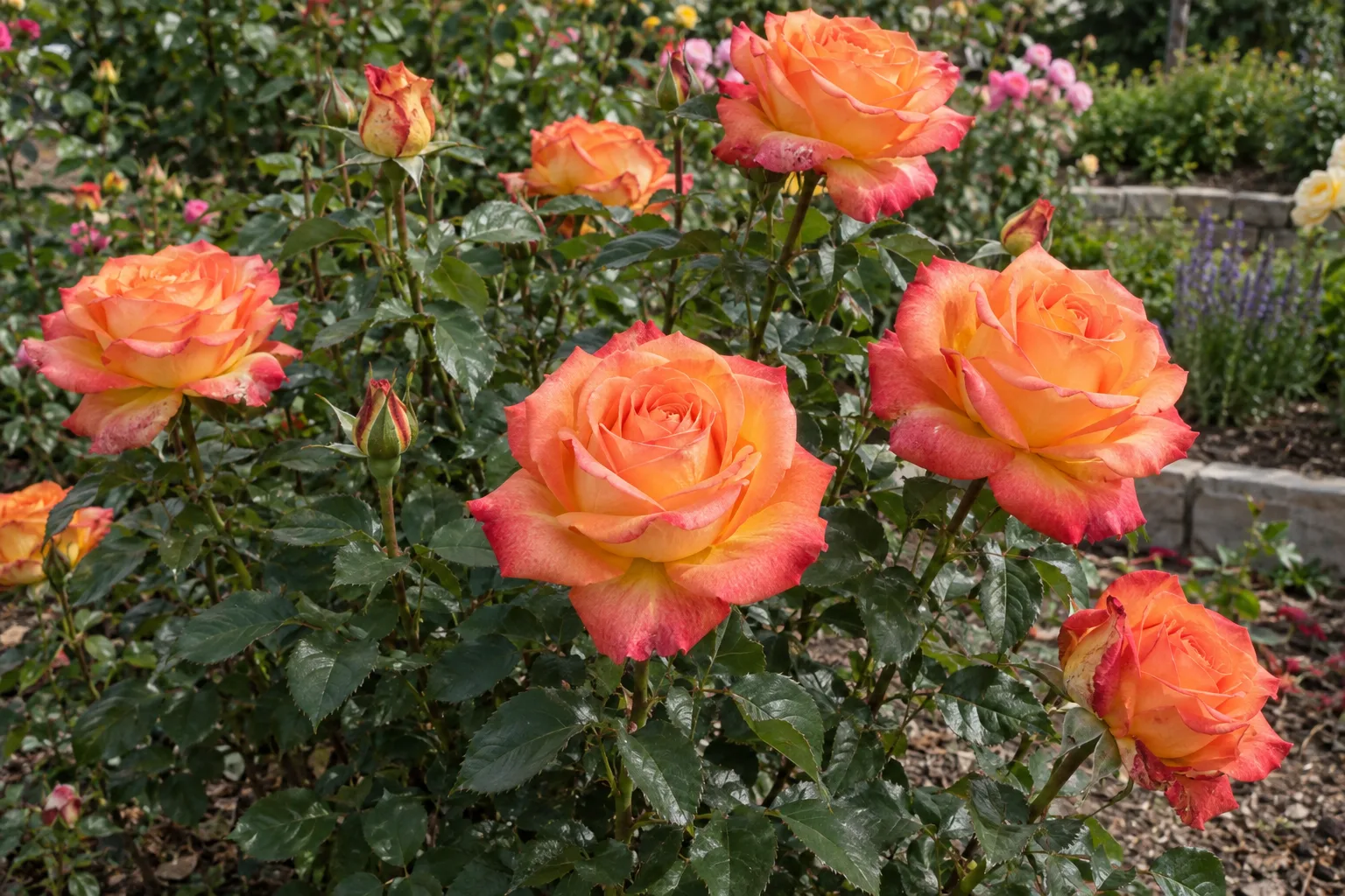 Chris Evert rose bush with melon orange blooms blushed red at the petal edges