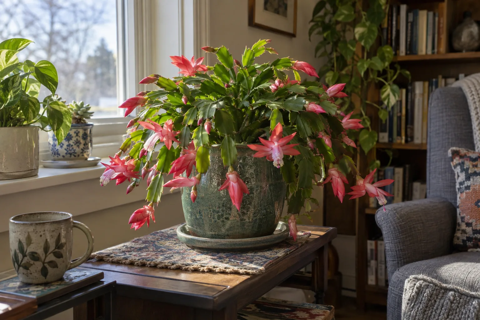 Christmas cactus placed near a bright window with soft morning light in Queen Creek