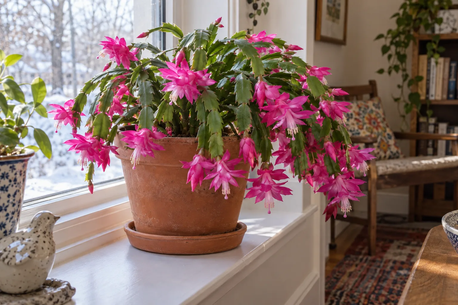 Pink-flowered Christmas cactus in a terracotta pot beside a bright indoor window