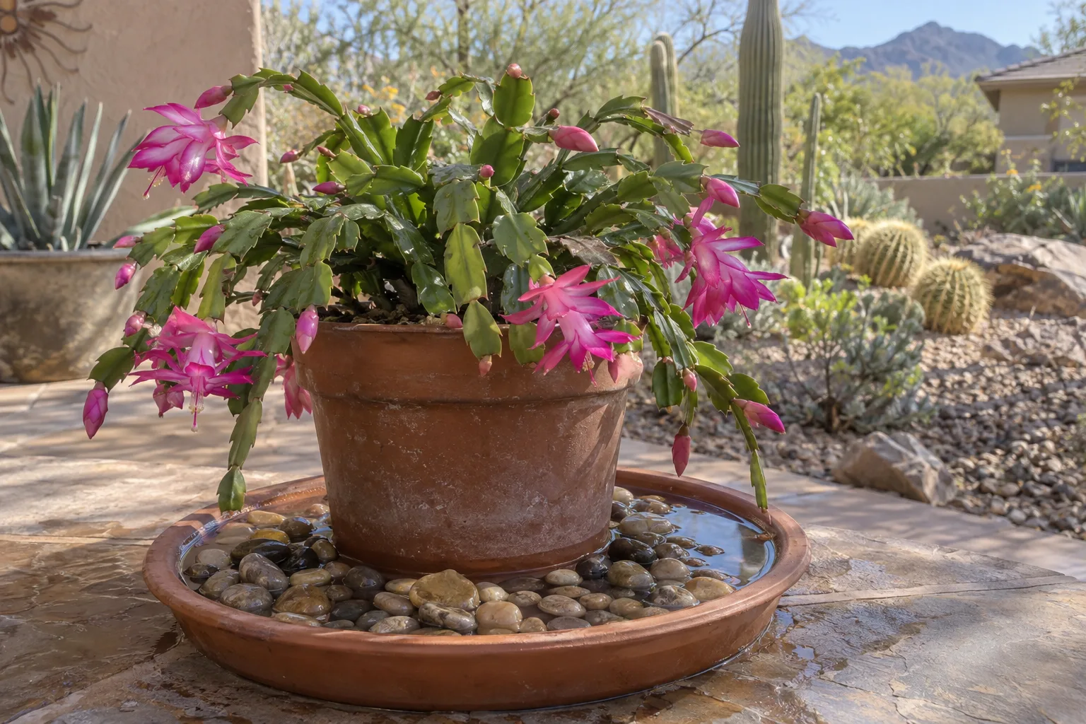 Potted holiday cactus resting on a pebble tray to raise humidity around the stems