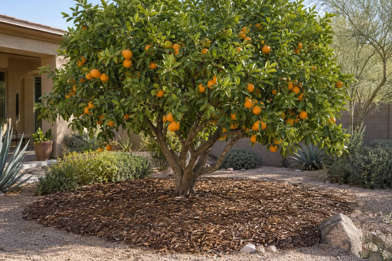 Mature citrus tree in a Queen Creek yard with wood chip mulch under the canopy