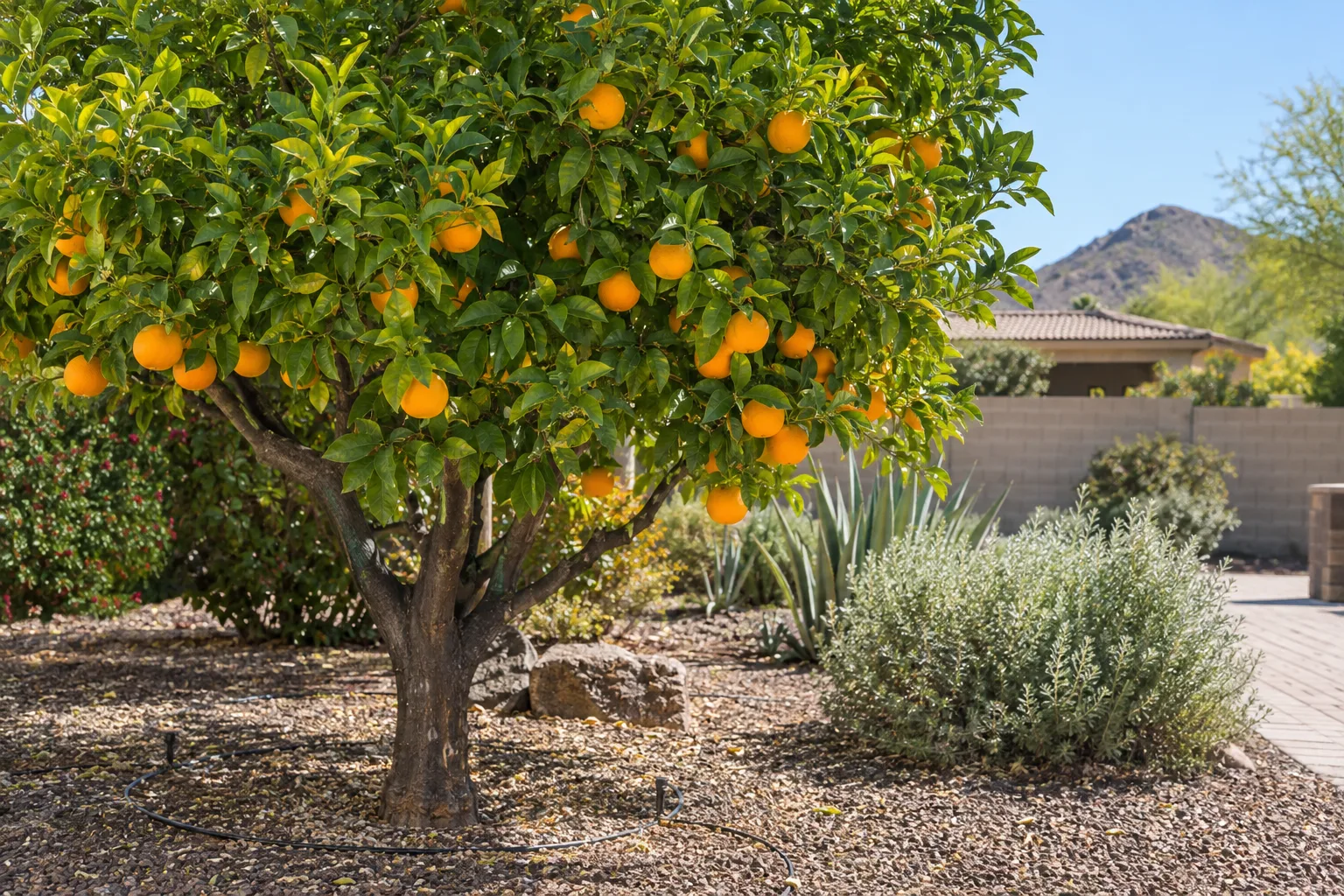 Orange tree with ripe fruit and a drip line on a gravel and mulch bed