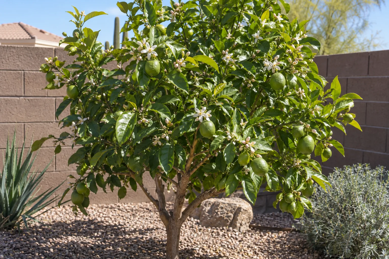 Citrus tree with spring blossoms and new fruit growing beside a block wall