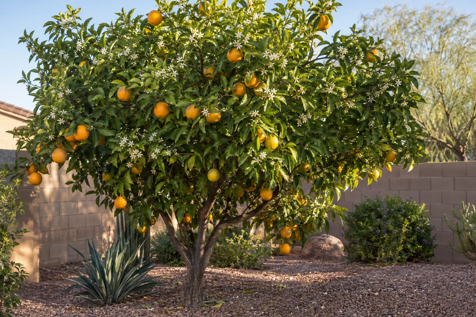 Citrus tree with fruit and spring blossoms growing in a sunny East Valley backyard