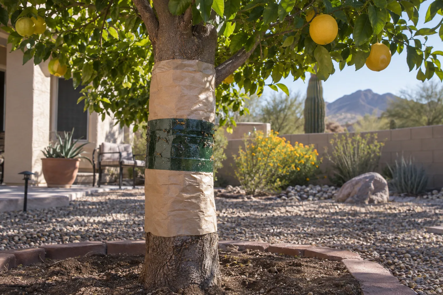 Citrus trunk wrapped with a paper band and sticky barrier against climbing ants