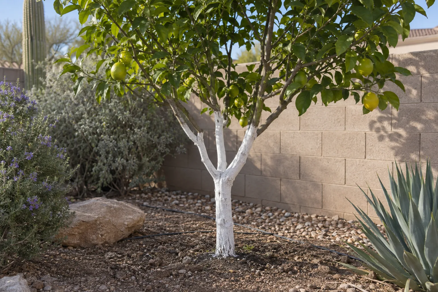 Young citrus trunk painted white for sunscald protection beside a block wall in Queen Creek