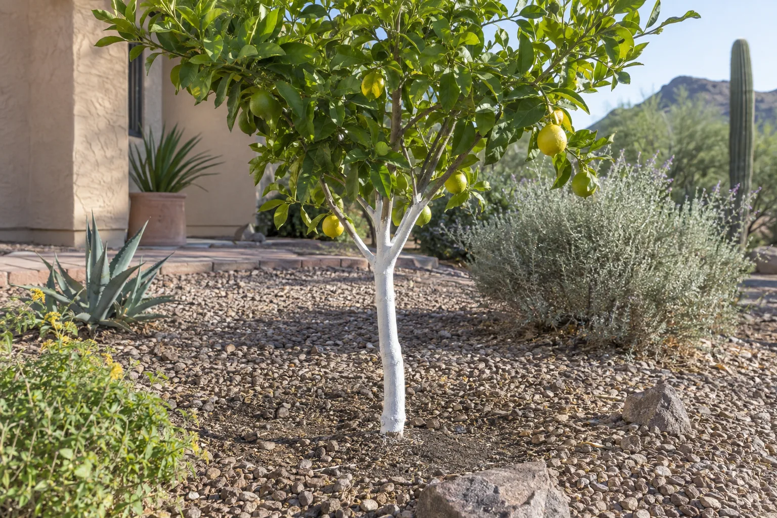 Young citrus tree trunk painted white to prevent sunscald in Queen Creek