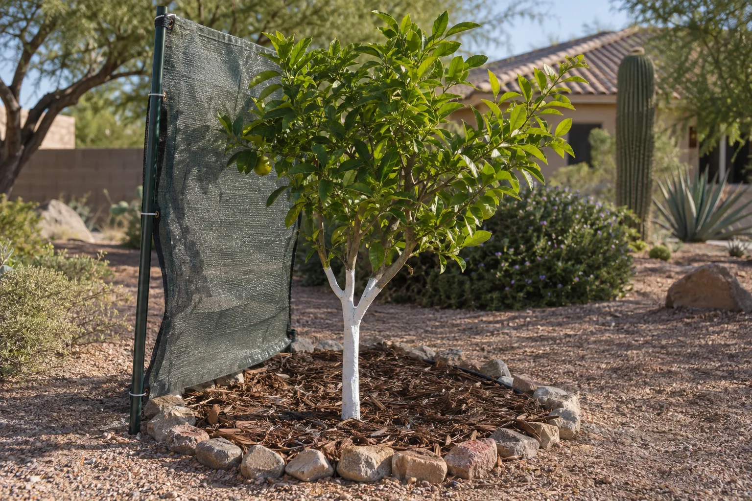 Young citrus trunk painted white with mulch ring and shade cloth on the west side