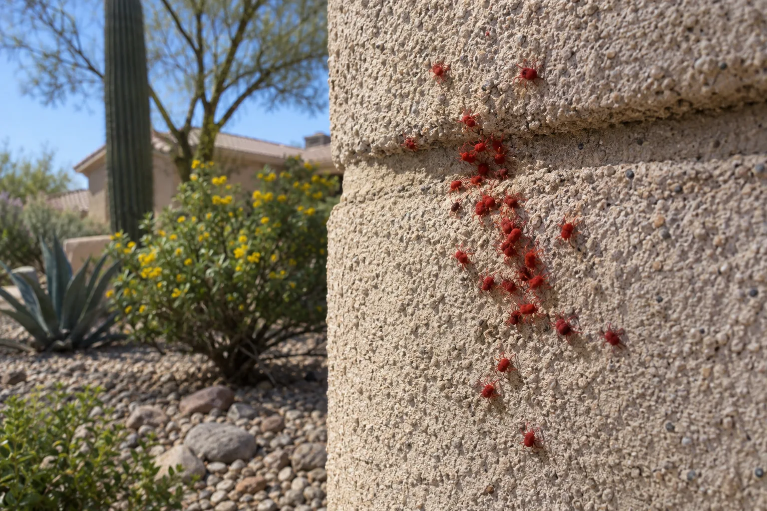 Tiny red clover mites clustered on a sunny block wall in an Arizona yard