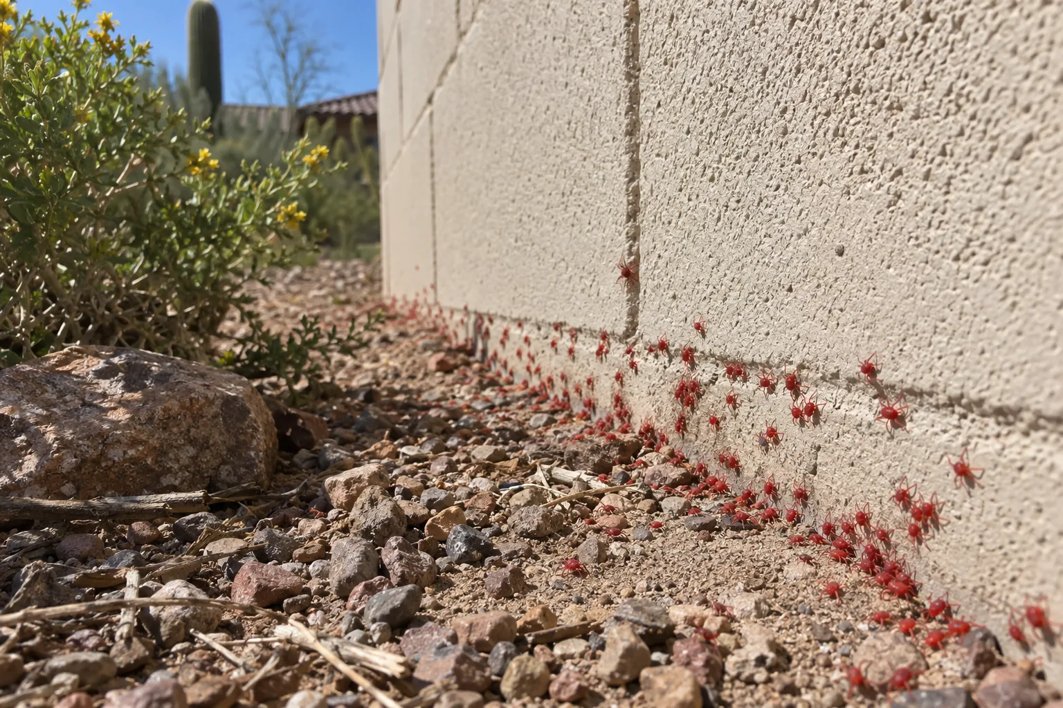 Tiny red clover mites clustered along a sunny stucco and block wall base