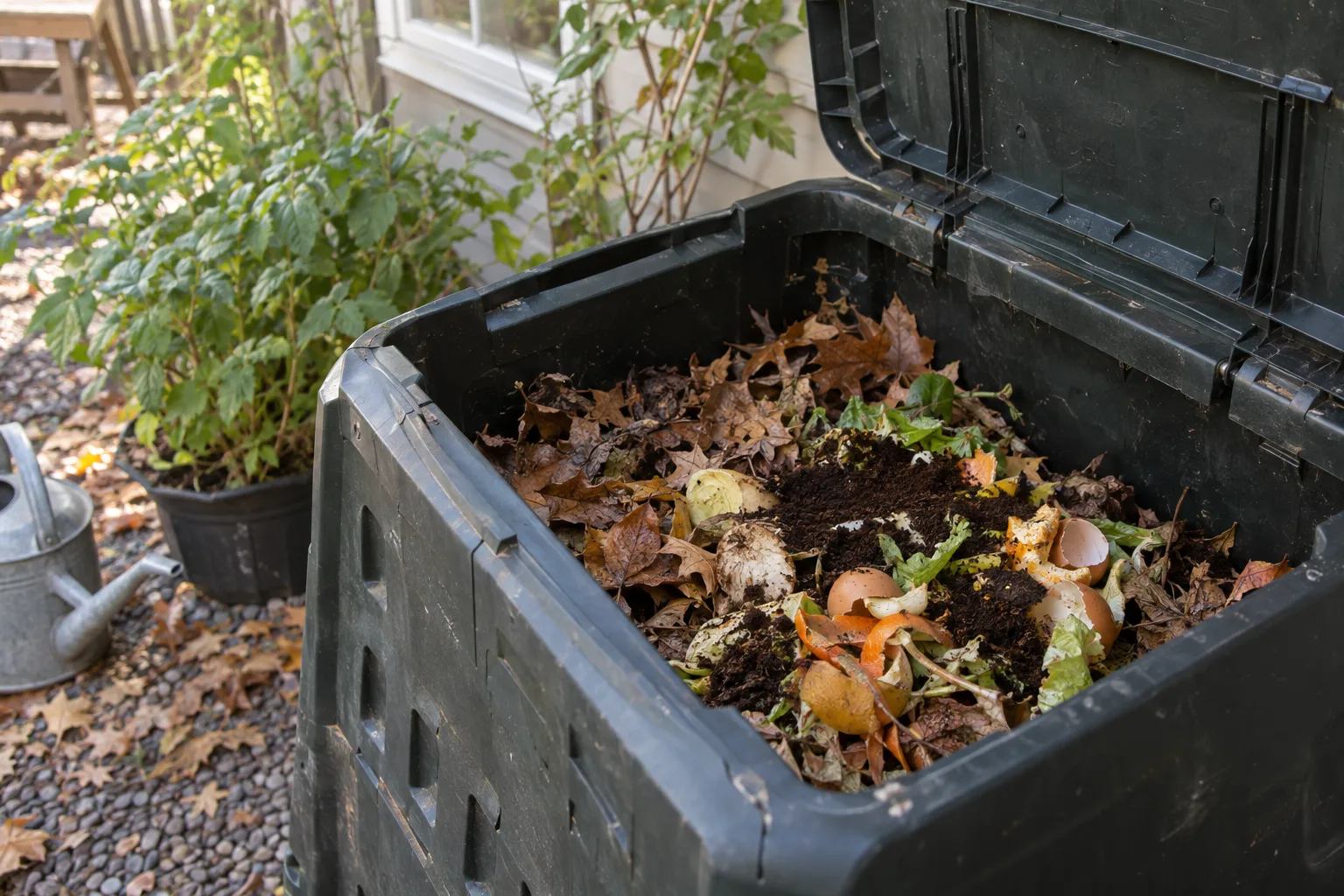Compost bin filled with dry leaves, kitchen scraps and used coffee grounds