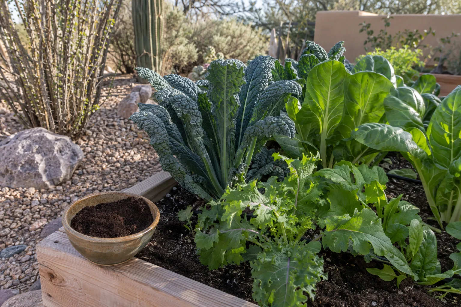 Bowl of used coffee grounds beside a raised bed of winter greens