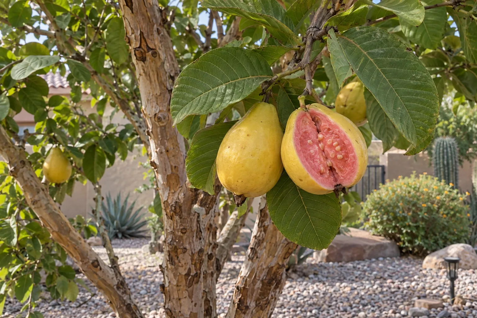 Colombian pink guava branches with ripe yellow-skinned fruit, one split open showing bright pink flesh