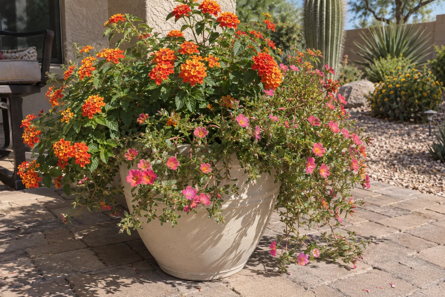 Mixed container of orange lantana and pink portulaca in a pale pot on a sunny patio