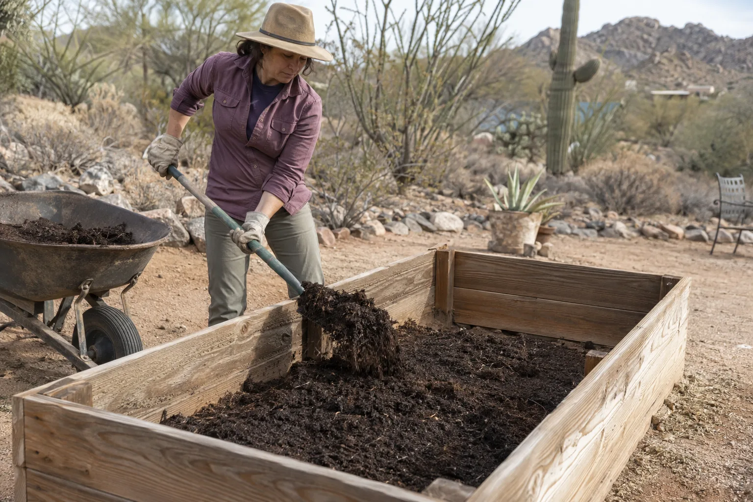 Gardener forking compost into a cleared raised bed with pale desert soil in Queen Creek