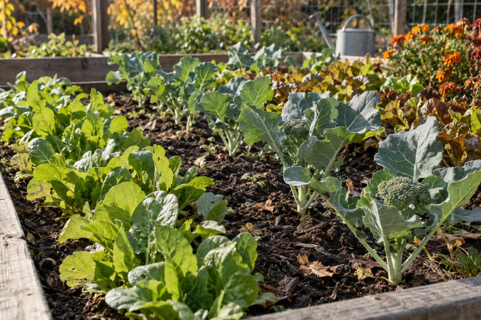 Young cool-season vegetable seedlings growing in a raised garden bed in the Arizona low desert