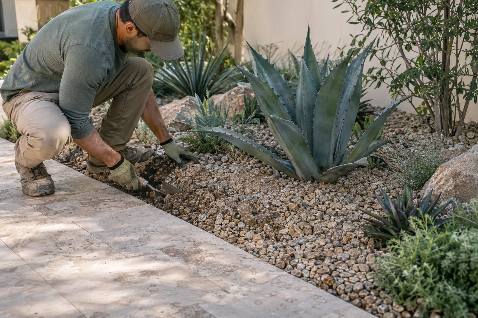 Light travertine paver patio beside a gravel bed with a blue agave