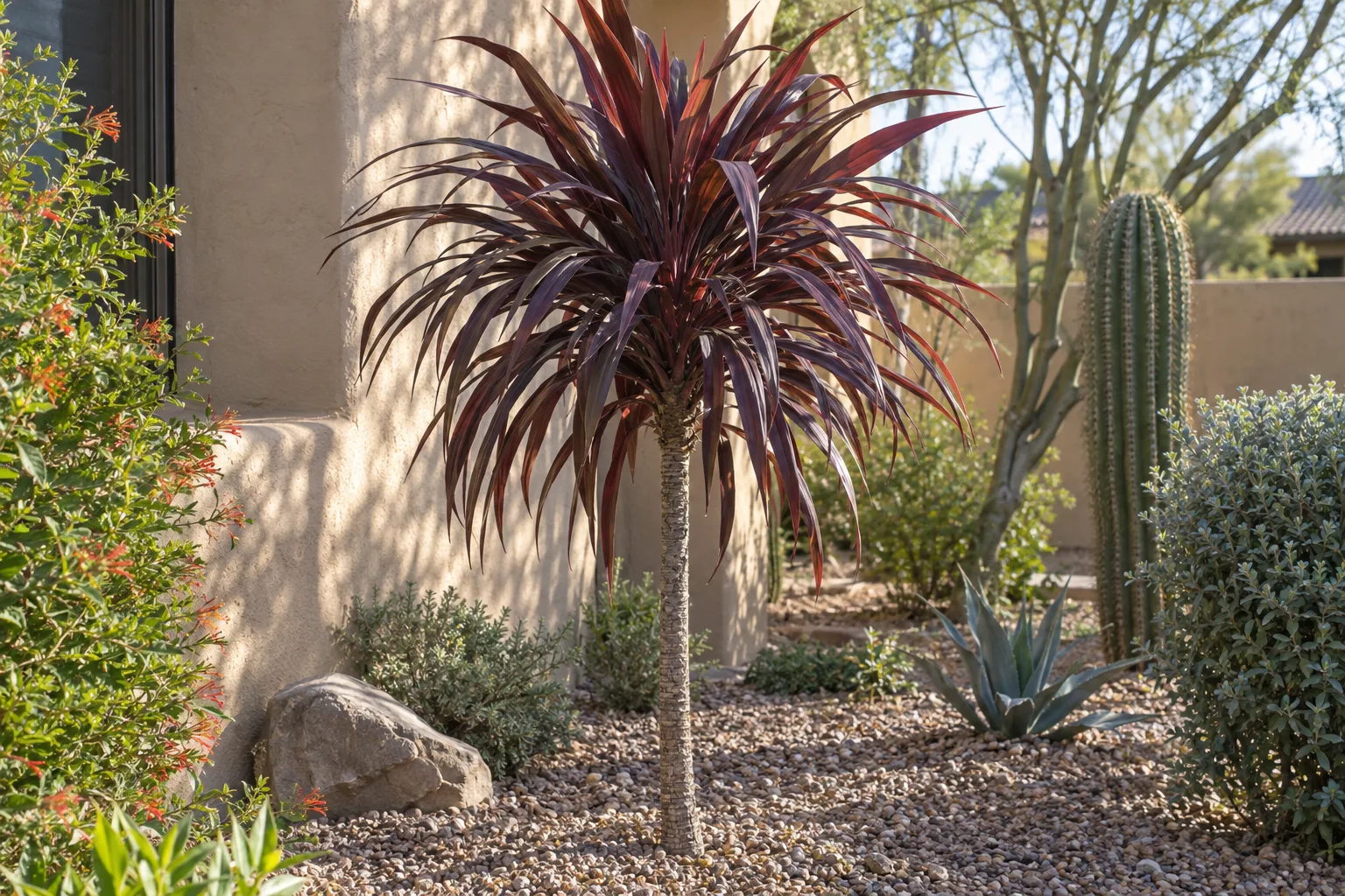 Cordyline baueri with a slender trunk and a rosette of arching burgundy sword-shaped leaves