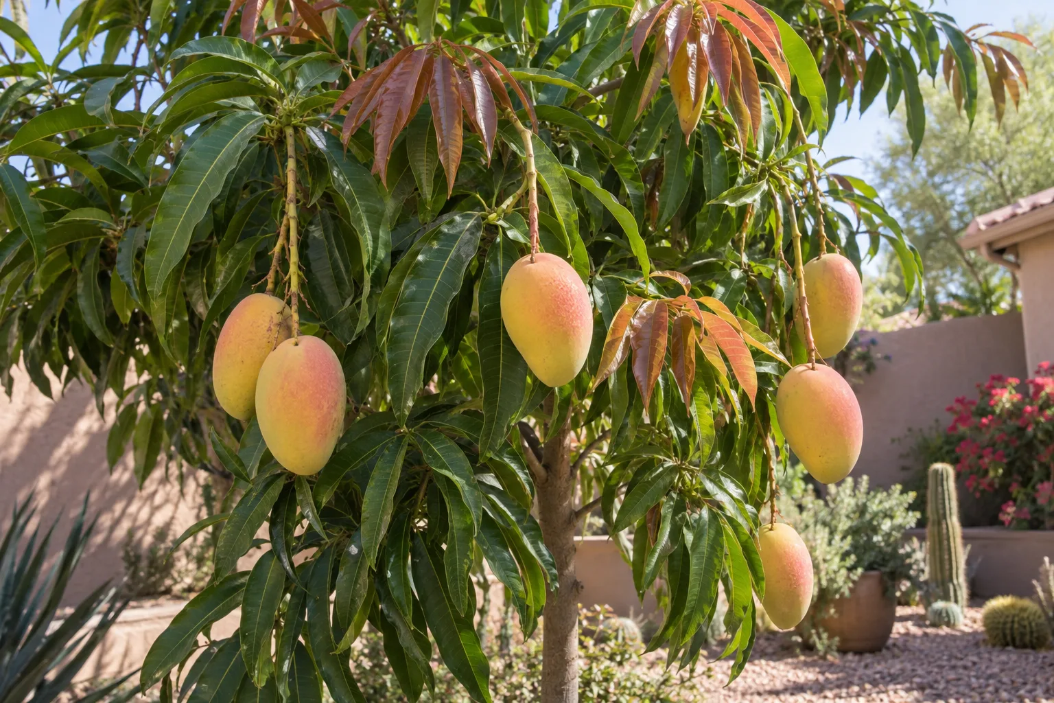 Cotton Candy mango tree with dark green leaves and plump oval yellow fruit hanging on long stalks