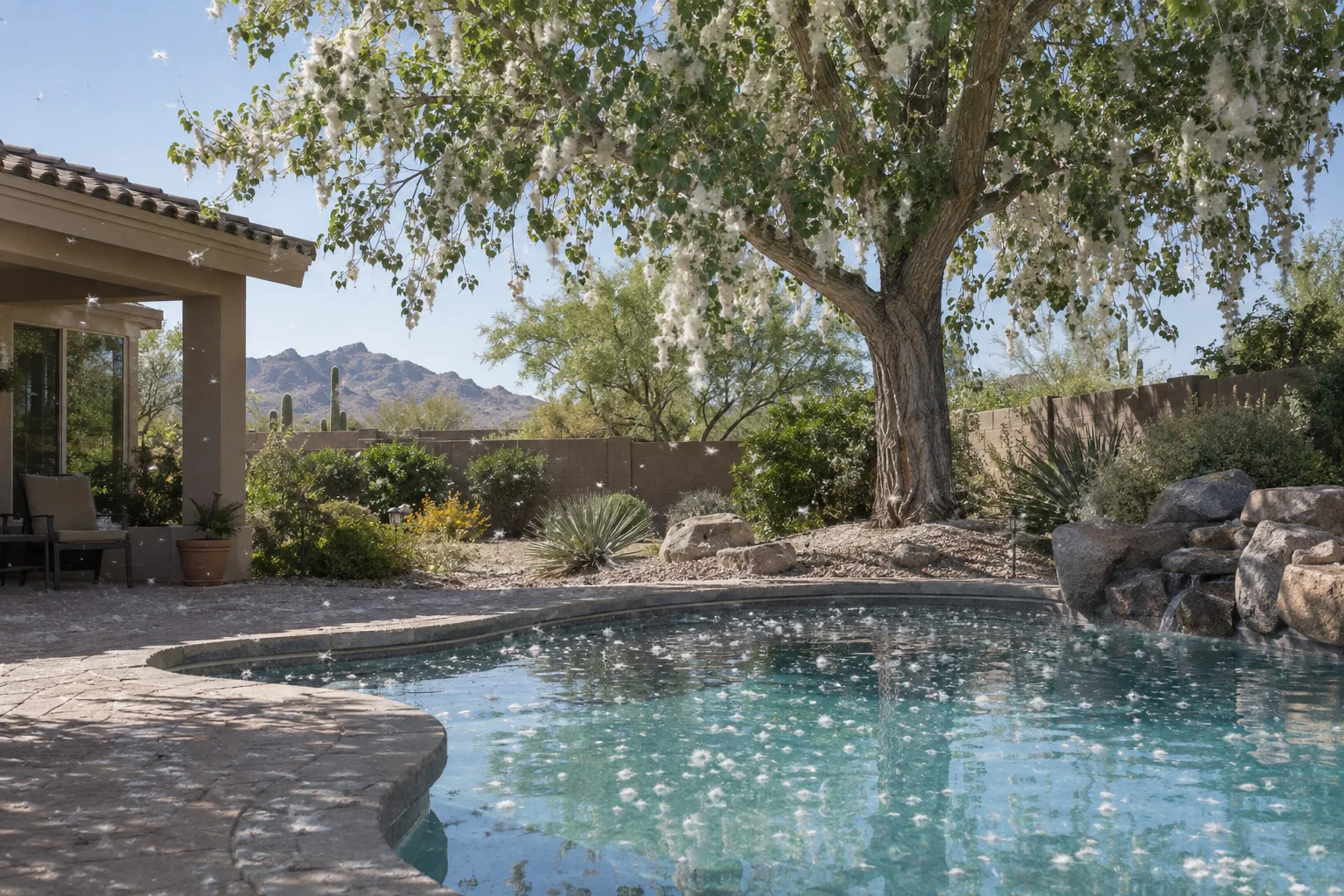 Cottonwood seed fluff drifting across a backyard pool and patio in spring