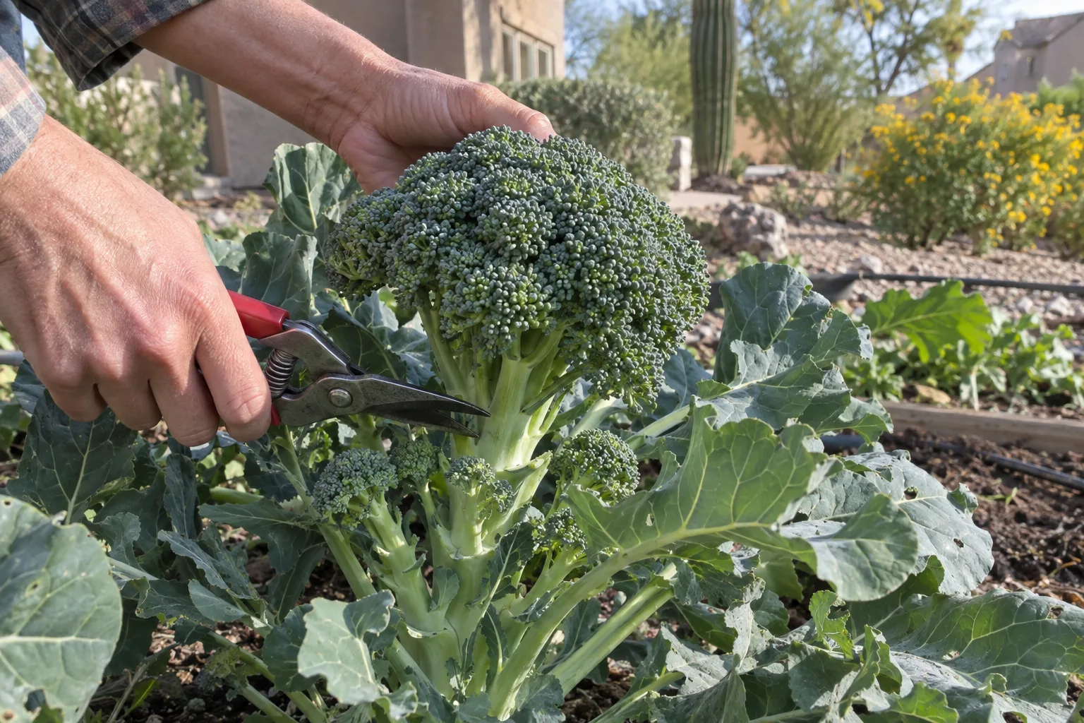 Snips cutting a tight dark green broccoli head with side shoots forming below