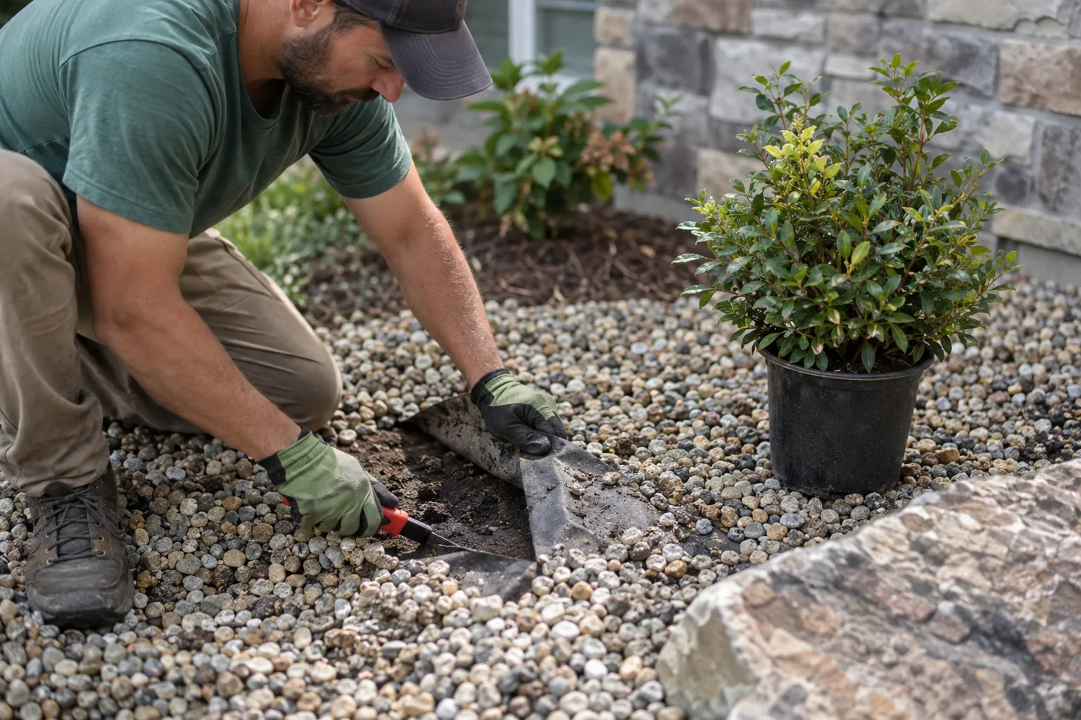 Hands cutting landscape fabric in a gravel bed to open a planting hole