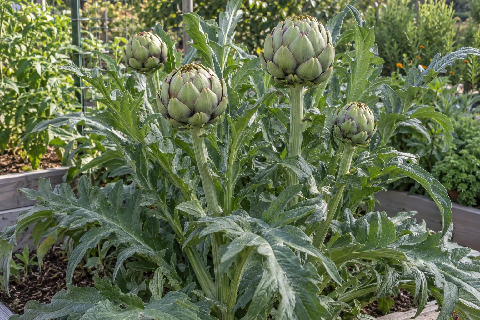 Green Globe artichoke plant with silver-green leaves and round green buds ready to harvest