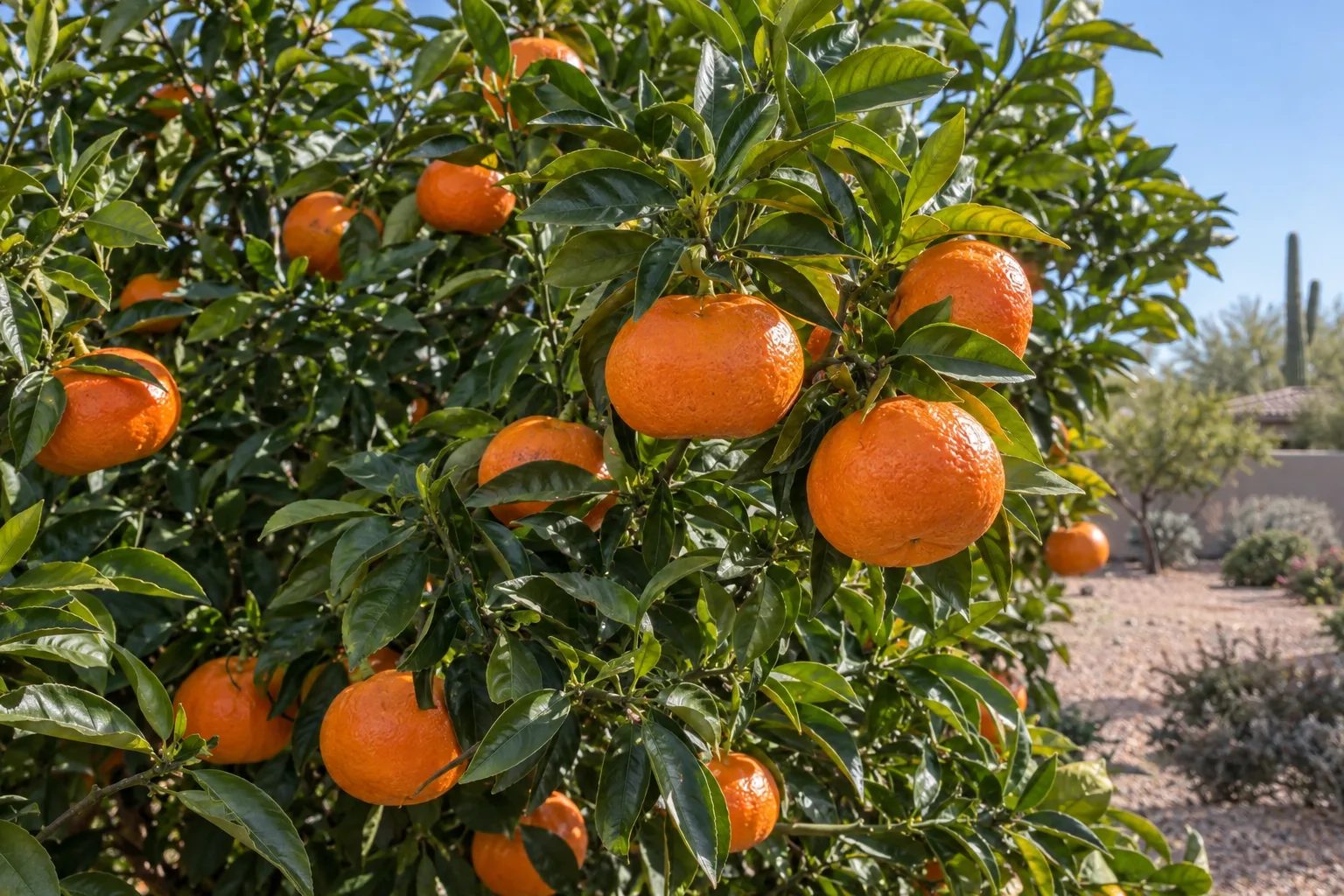 Daisy mandarin tree with large, slightly flattened deep reddish-orange fruit and glossy leaves