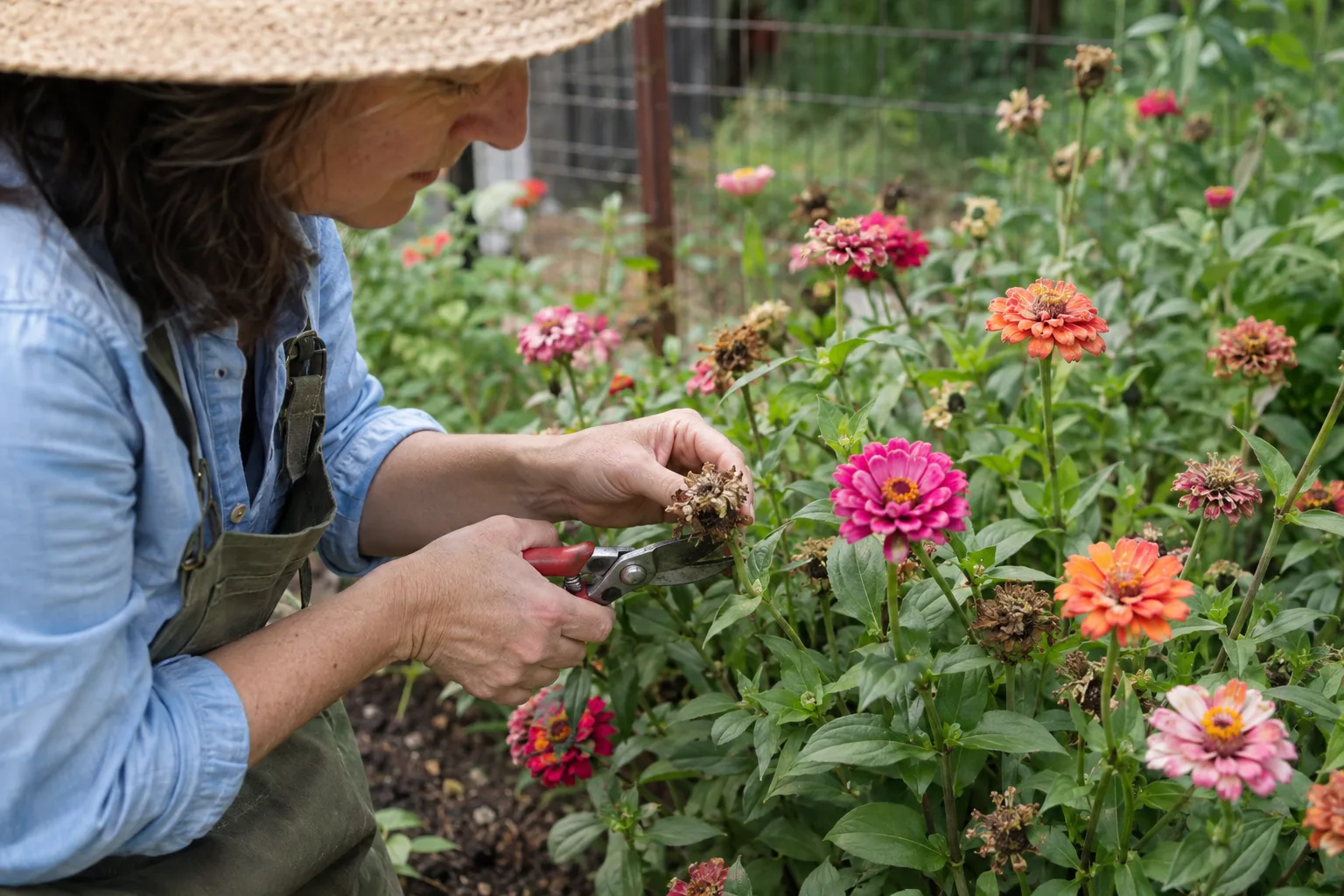 Hands snipping a faded zinnia flower from a plant with several fresh buds