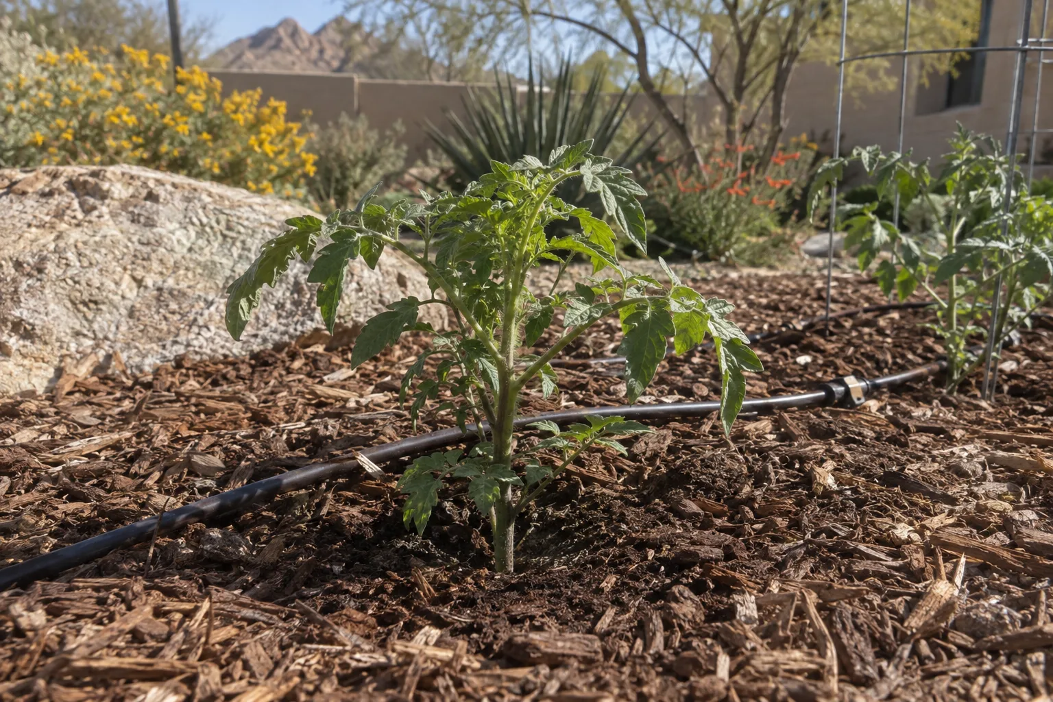 Young tomato transplant mulched with wood chips and drip tubing in a Queen Creek garden