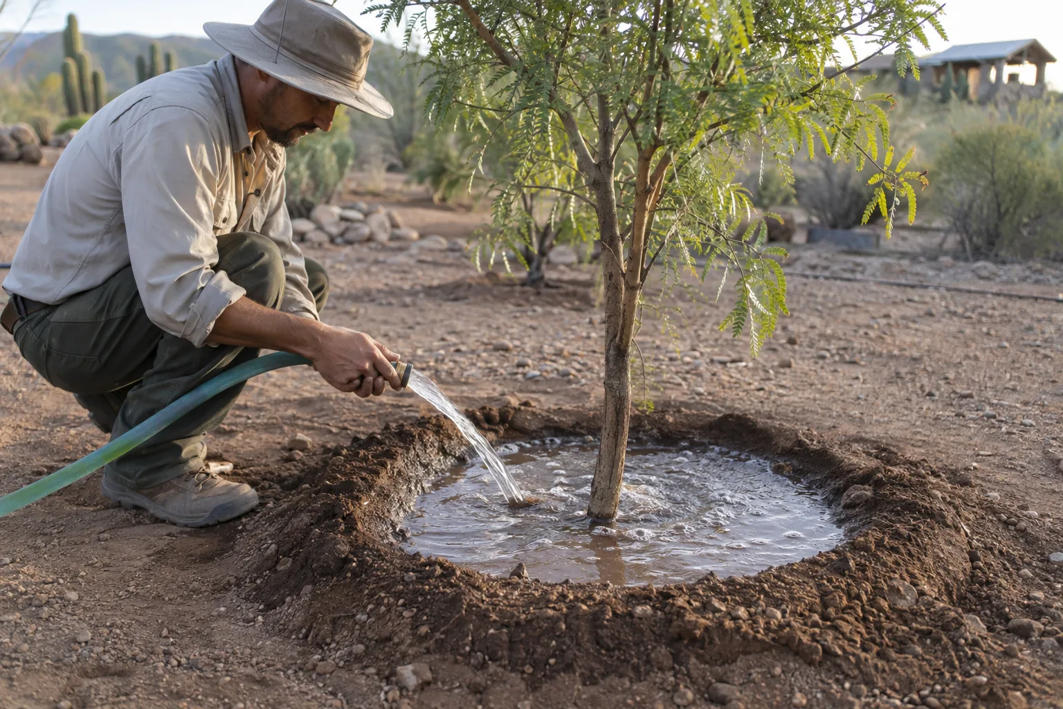 Hose filling a shallow earthen watering basin around a young desert tree in Queen Creek