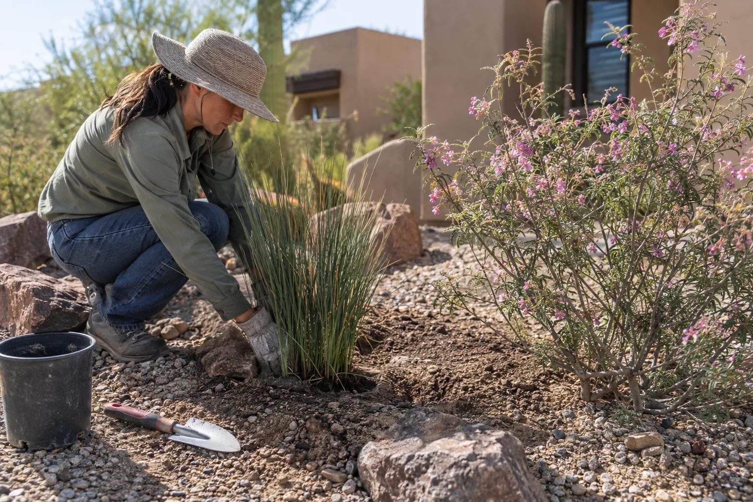 Arching deer grass clumps beside a flowering desert willow in a gravel-mulched front yard