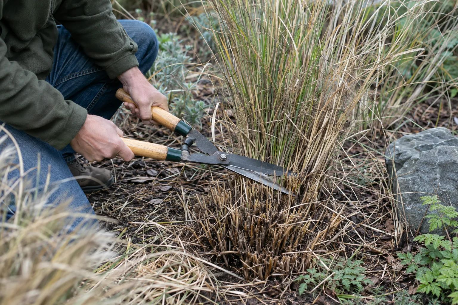 Person cutting a deer grass clump to a few inches with hedge shears