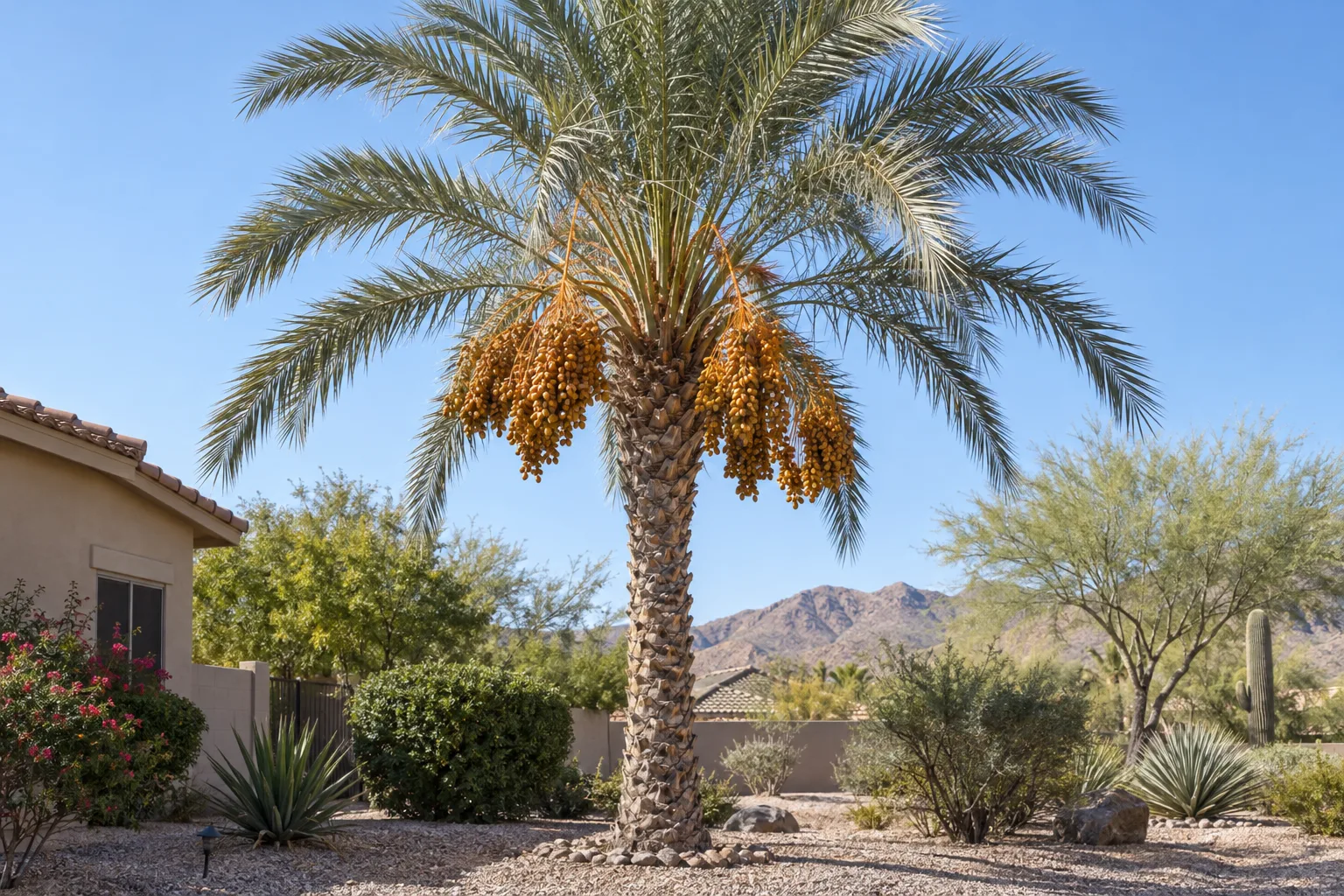 Deglet Noor date palm with grey-green feather fronds and clusters of amber dates in a gravel yard