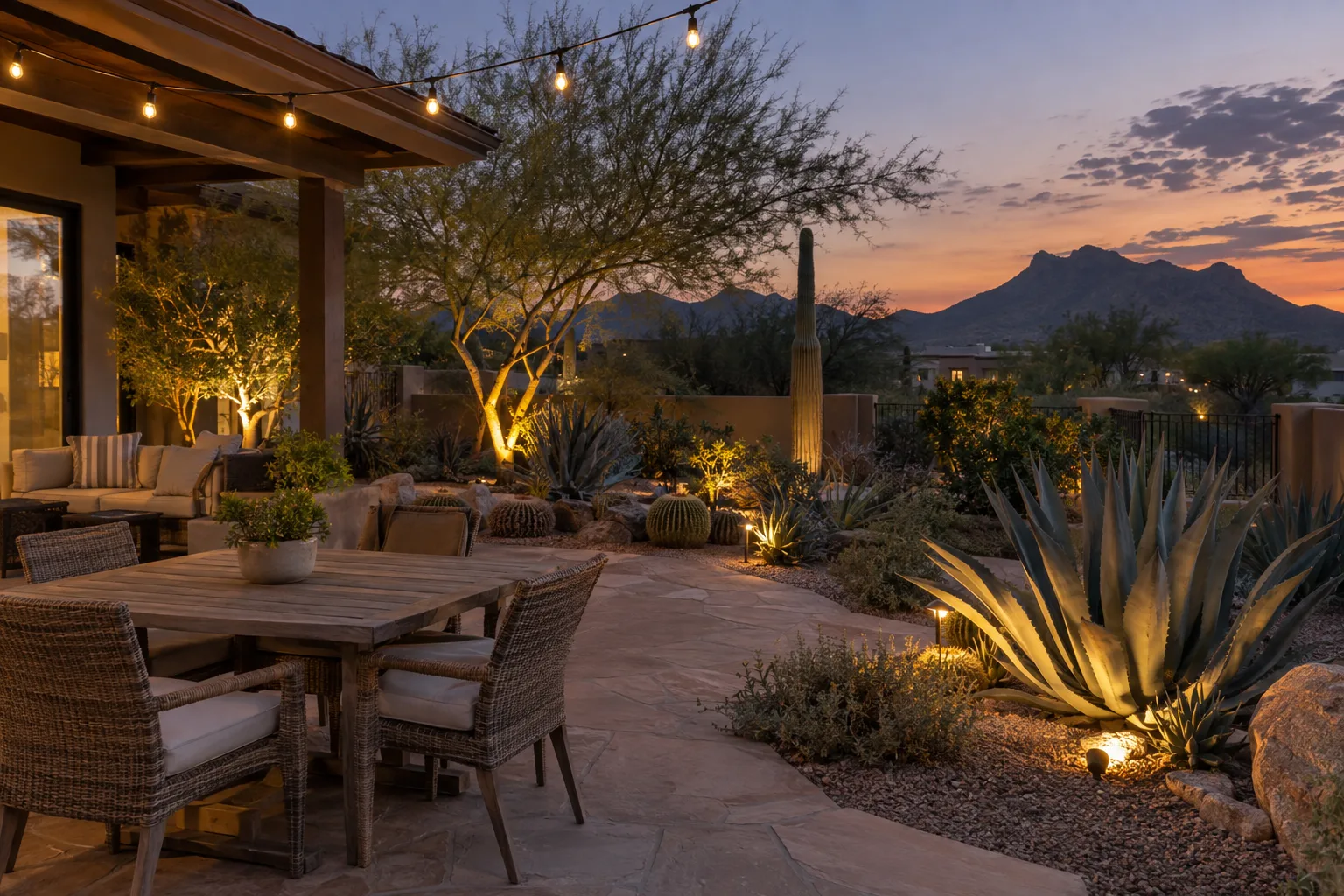 Patio at dusk with string lights and an uplit agave in a desert yard