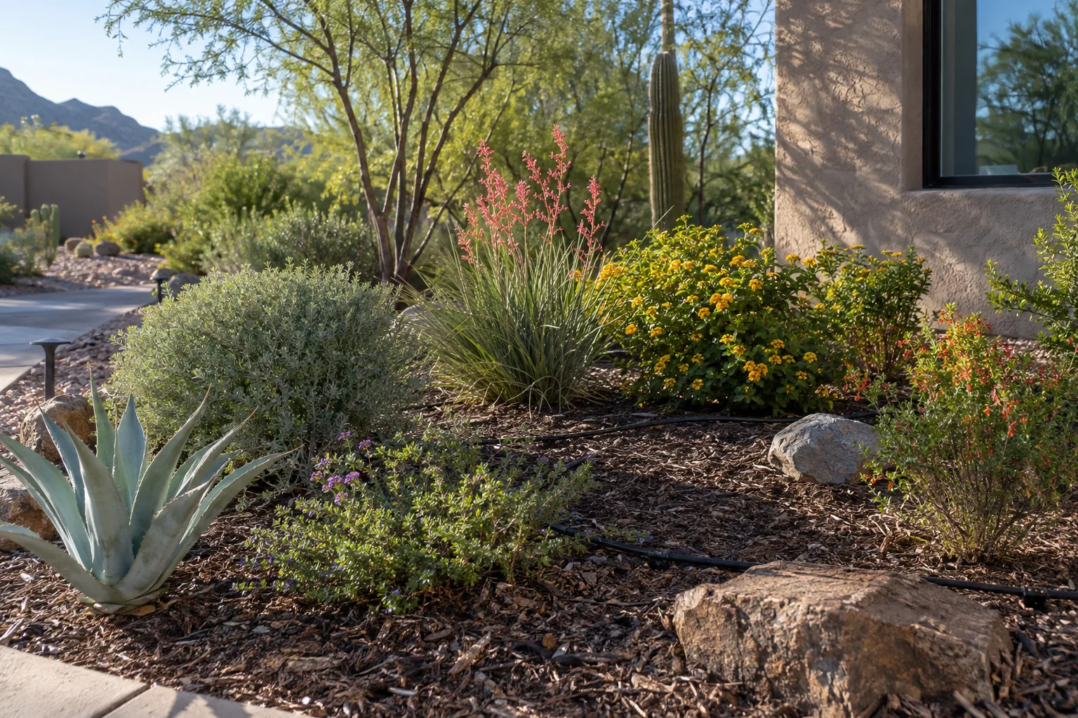 Mulched desert garden bed with a black drip line running past young shrubs in Queen Creek