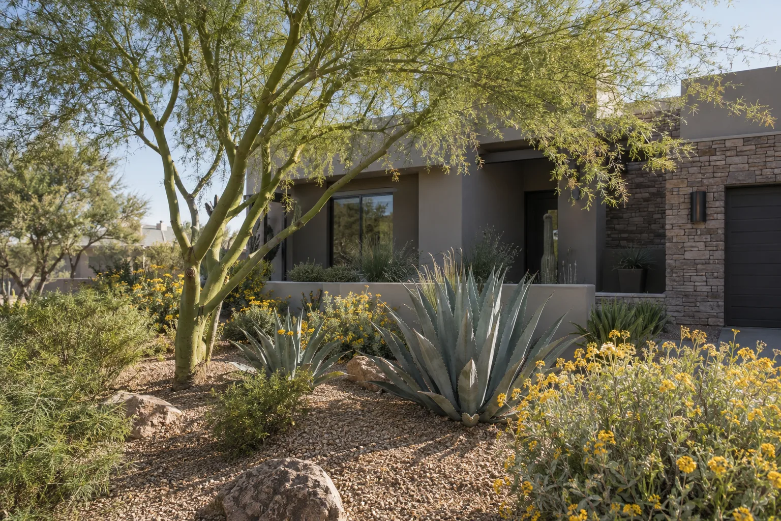 Layered desert front yard with palo verde, agave and brittlebush over tan decomposed granite