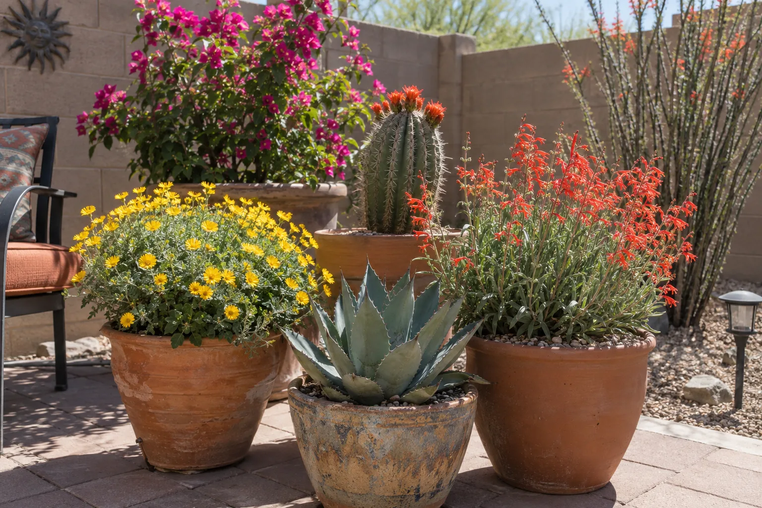 Potted desert perennials with yellow, coral and white flowers grouped on a sunny Arizona patio