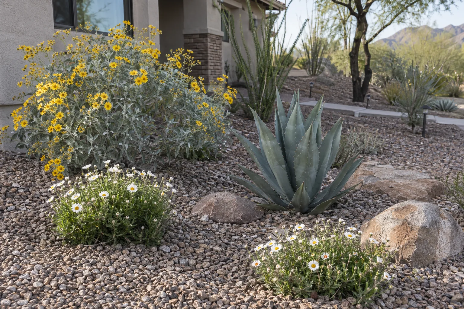 Young brittlebush, agave and blackfoot daisy planted in gravel mulch in a sunny Queen Creek yard