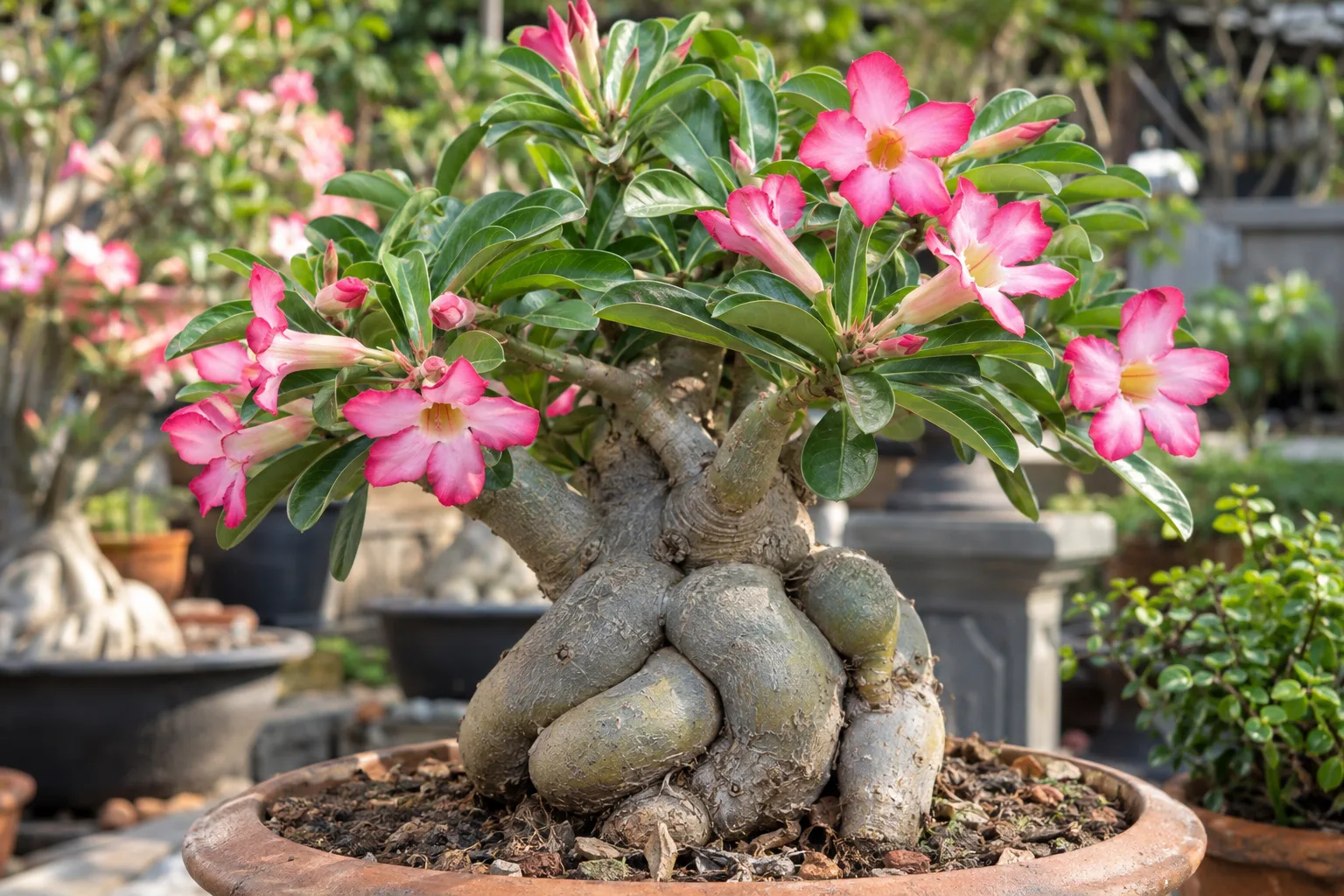 Desert rose with swollen trunk and pink trumpet flowers in a ceramic pot